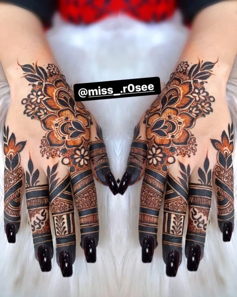 Stylish Back Hand Mehndi Design with Flowers and Jaal for Karwa Chauth
