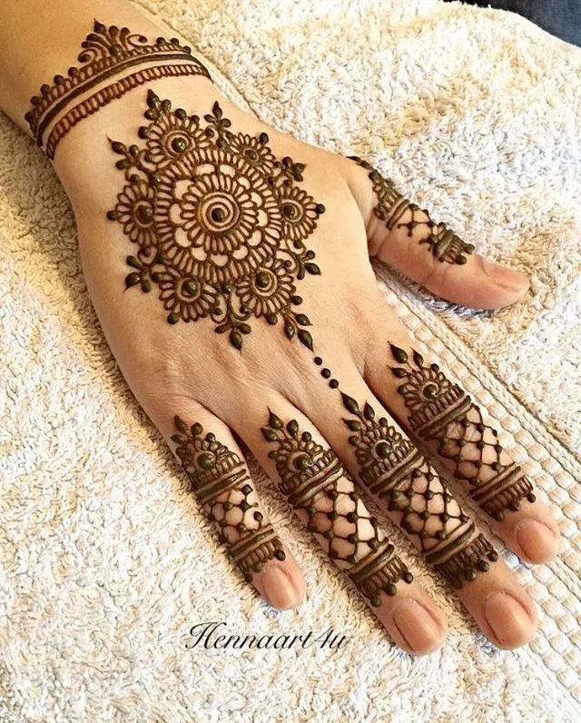Aesthetic Simple Back Hand Mehndi Design with Gol Tikki, Flowers and Jaal (3)