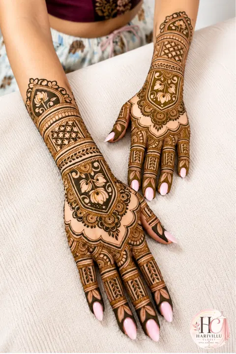bridal royal figure back hand mehndi design