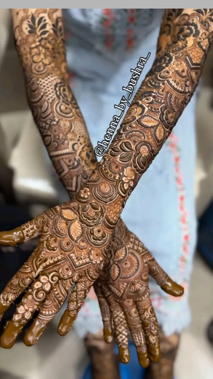 Arabic Bridal Back Hand Mehndi Design with Figures and Hearts