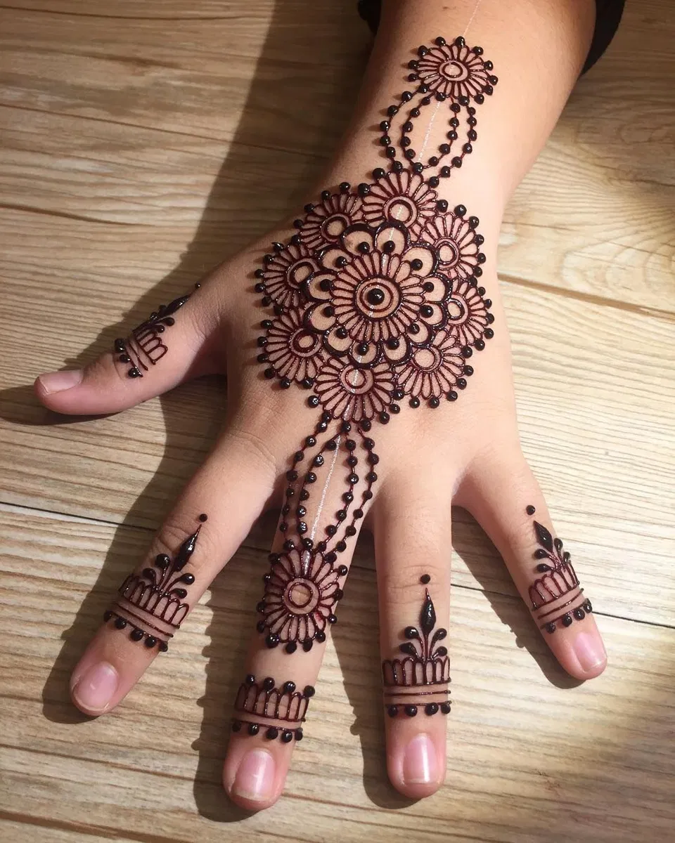 Simple Back Hand Mehndi Design with Gol Tikki and Lotus for Diwali