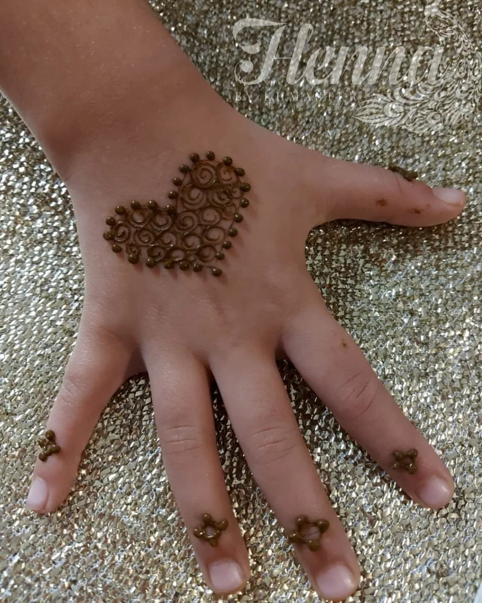 Simple Finger Mehndi Design with Gol Tikki and Hearts for Diwali