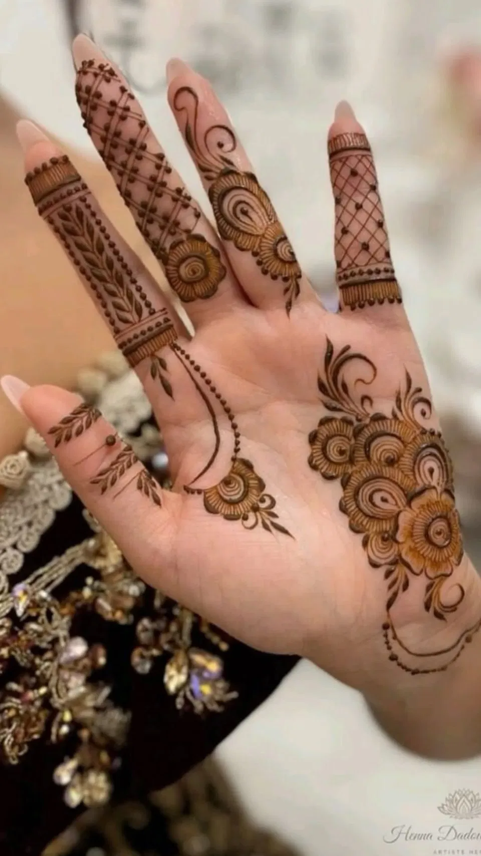 Aesthetic Arabic Finger Mehndi Design with Bel, Flowers and Jaal