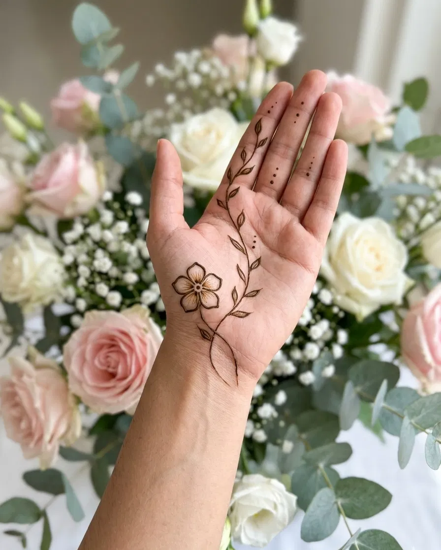 Aesthetic Bridal Front Hand Mehndi Design with Gol Tikki, Flowers and Jaal (2)