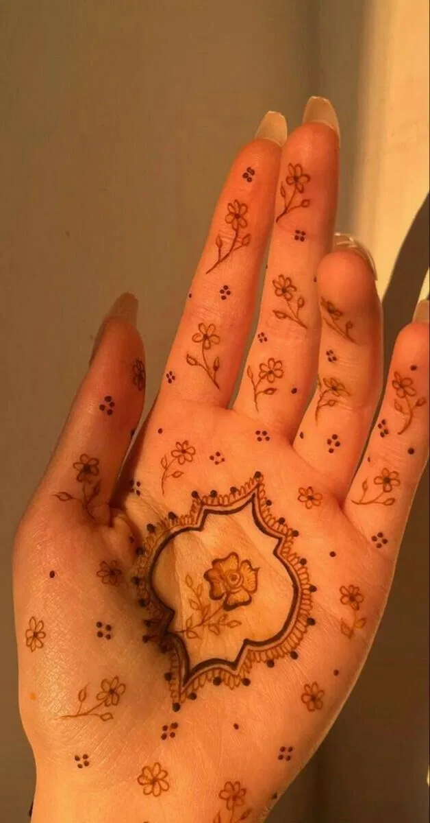 Aesthetic Arabic Front Hand Mehndi Design with Flowers and Hearts