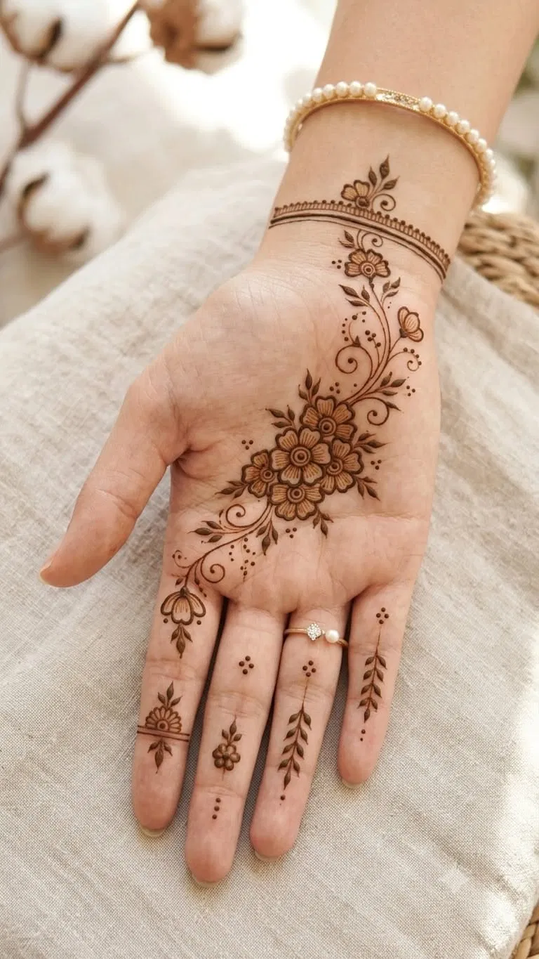 Aesthetic Minimal Front Hand Mehndi Design with Flowers and Jaal (2)