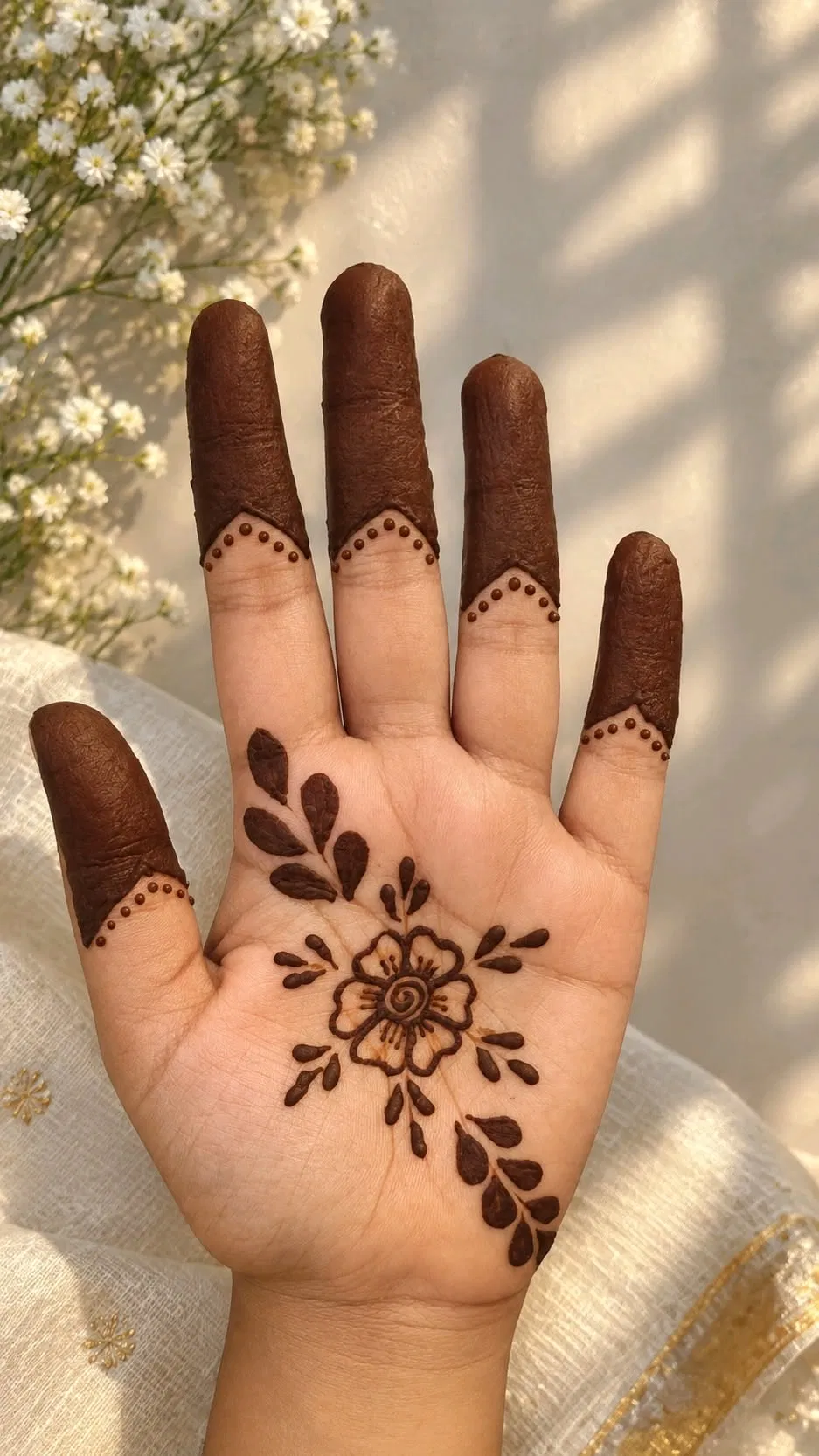 Aesthetic Simple Front Hand Mehndi Design with Gol Tikki and Flowers (2)