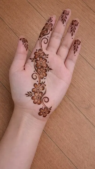 Aesthetic Arabic Front Hand Mehndi Design with Bel, Flowers and Jaal