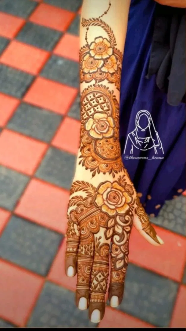 Arabic Bridal Back Hand Mehndi Design with Gol Tikki and Flowers for Engagement