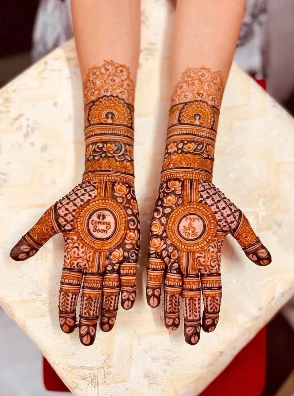 Front Hand Mehndi Design with Gol Tikki and Figures for Engagement