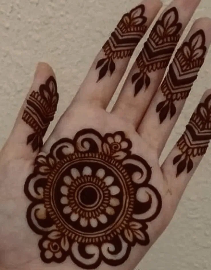 Arabic Bridal Finger Mehndi Design with Gol Tikki and Flowers for Teej
