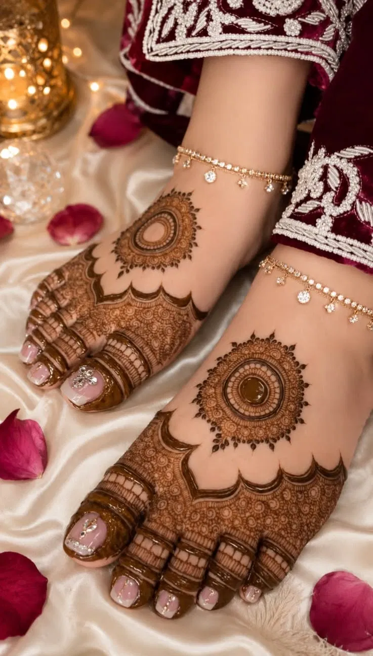 Bridal Pakistani Foot Mehndi Design with Gol Tikki and Flowers for Eid