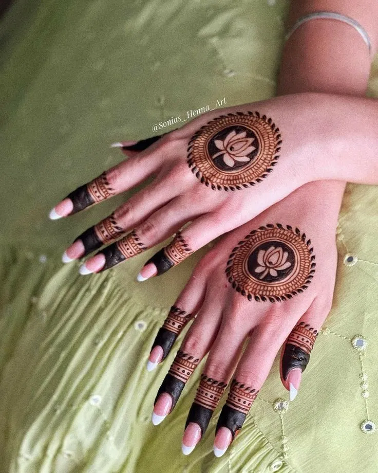 Simple Stylish Back Hand Mehndi Design with Gol Tikki, Lotus and Moon
