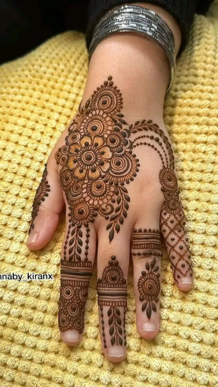 Bridal Stylish Front Hand Mehndi Design with Gol Tikki and Flowers