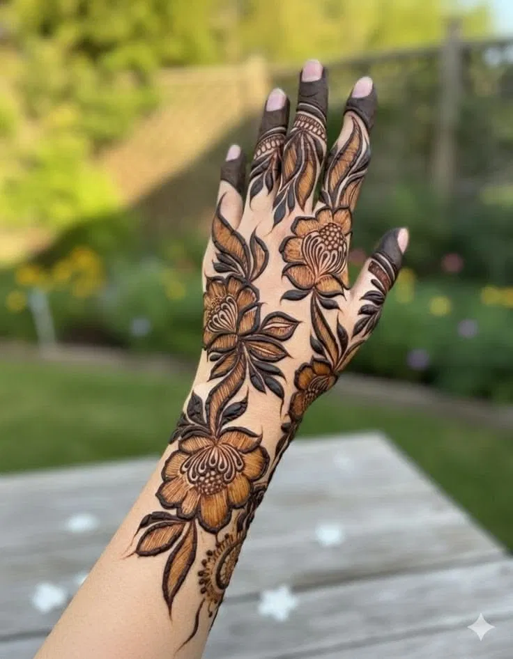 Aesthetic Arabic Back Hand Mehndi Design with Flowers (22)
