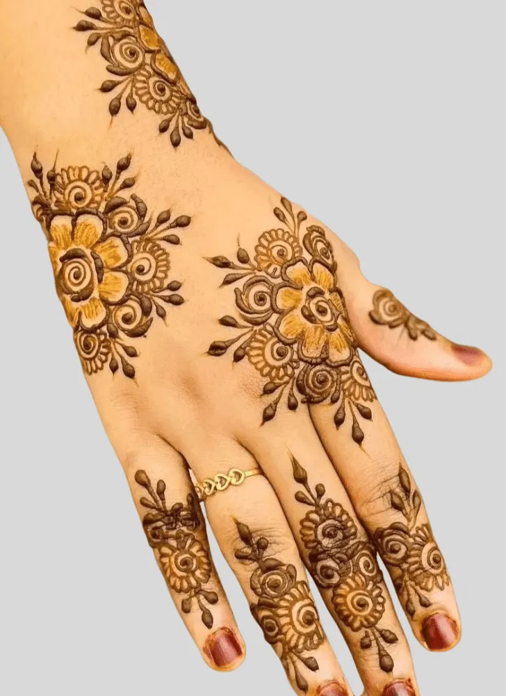 Simple Stylish Back Hand Mehndi Design with Deity and Flowers