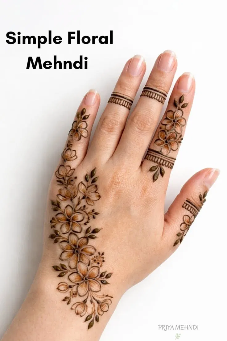Simple Stylish Back Hand Mehndi Design with Flowers