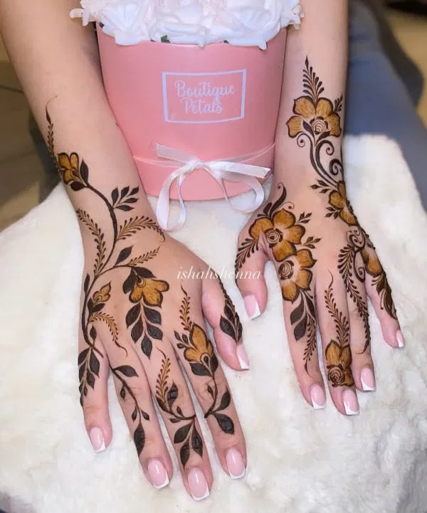 Arabic Dubai Back Hand Mehndi Design with Deity, Flowers and Jaal
