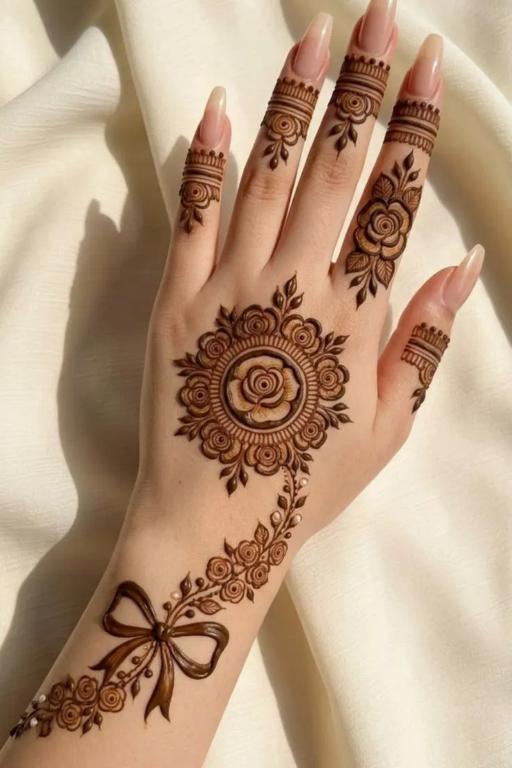 Aesthetic Arabic Back Hand Mehndi Design with Gol Tikki, Flowers and Jaal for Eid (4)