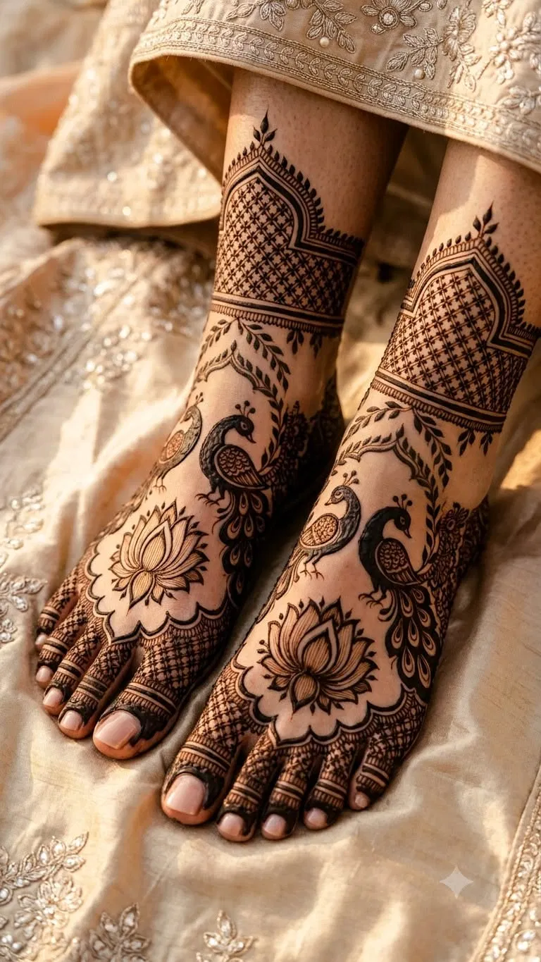 Bridal Indian Foot Mehndi Design with Figures and Peacock