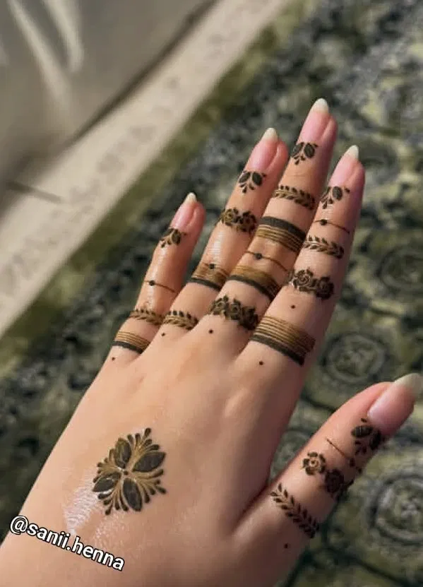 Simple Stylish Finger Mehndi Design with Figures and Jaal
