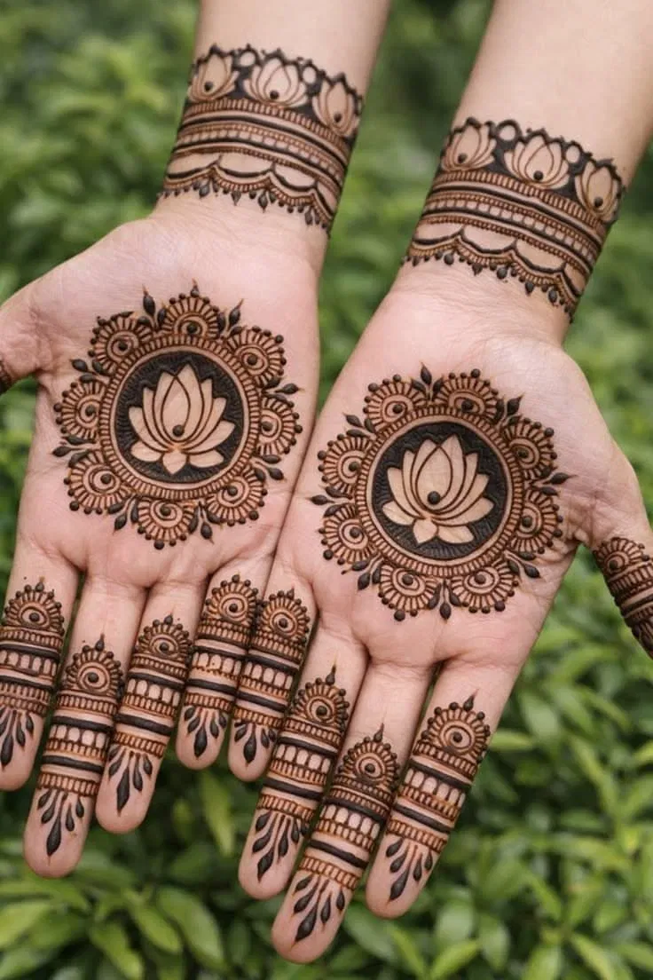 Aesthetic Arabic Back Hand Mehndi Design with Gol Tikki, Flowers and Lotus (5)