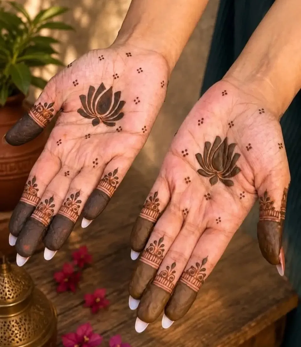 Aesthetic Minimal Front Hand Mehndi Design with Flowers, Jaal and Lotus for Diwali
