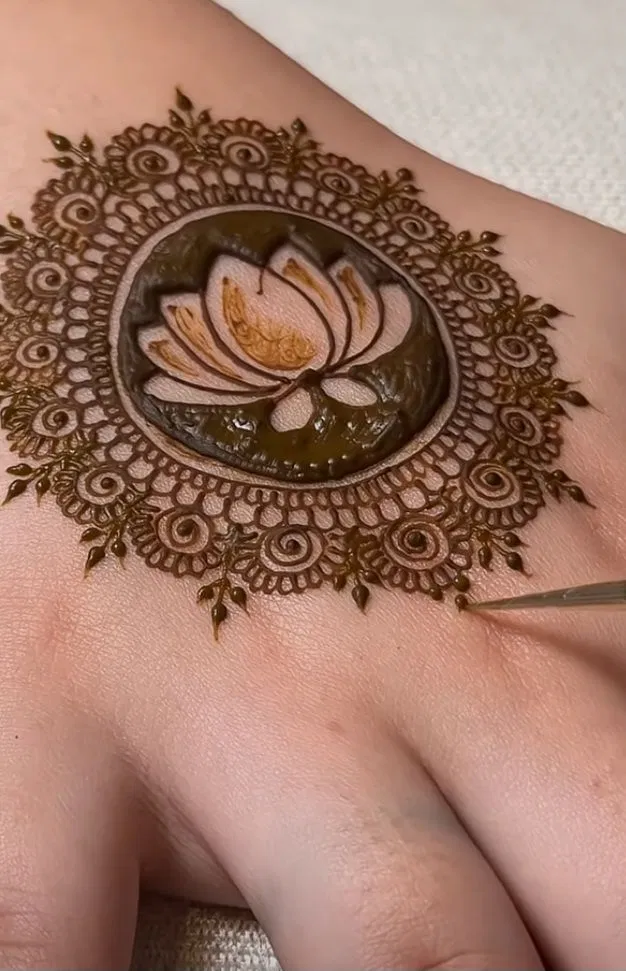 Aesthetic Back Hand Mehndi Design with Gol Tikki, Flowers and Lotus