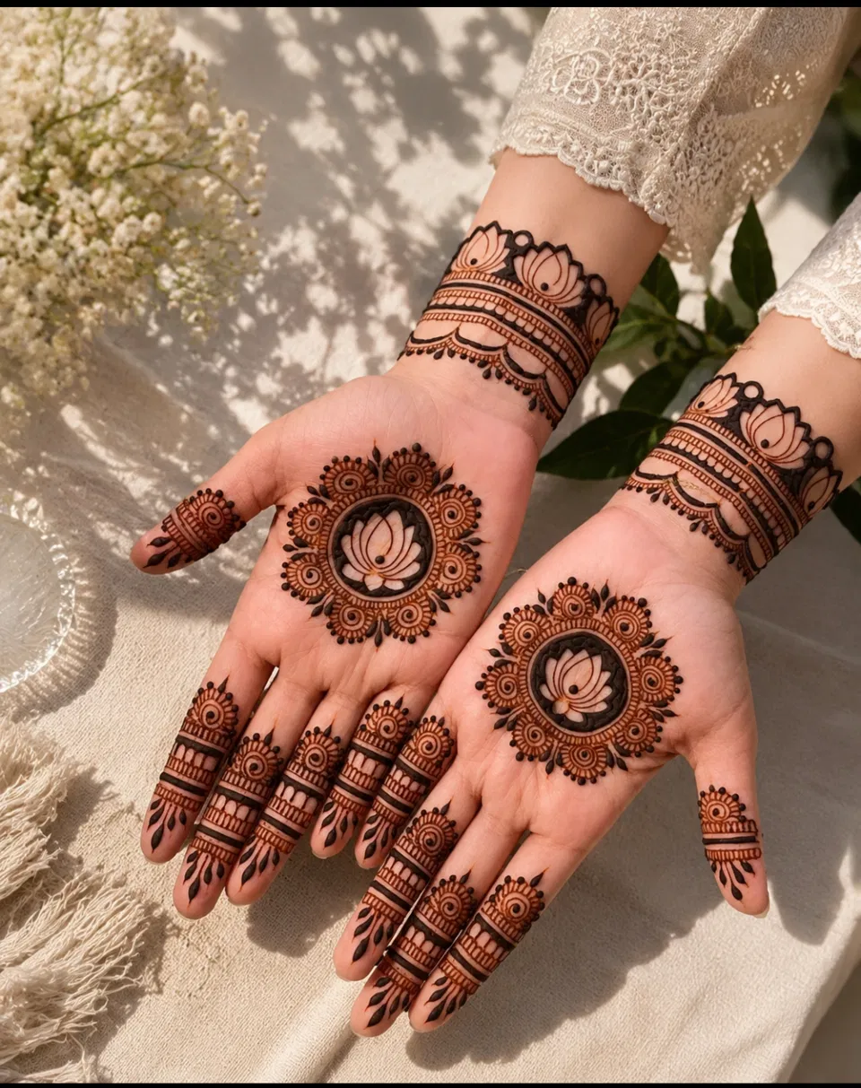 Aesthetic Stylish Back Hand Mehndi Design with Gol Tikki and Flowers