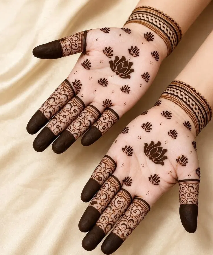 Aesthetic Minimal Front Hand Mehndi Design with Jaal and Lotus for Karwa Chauth (2)