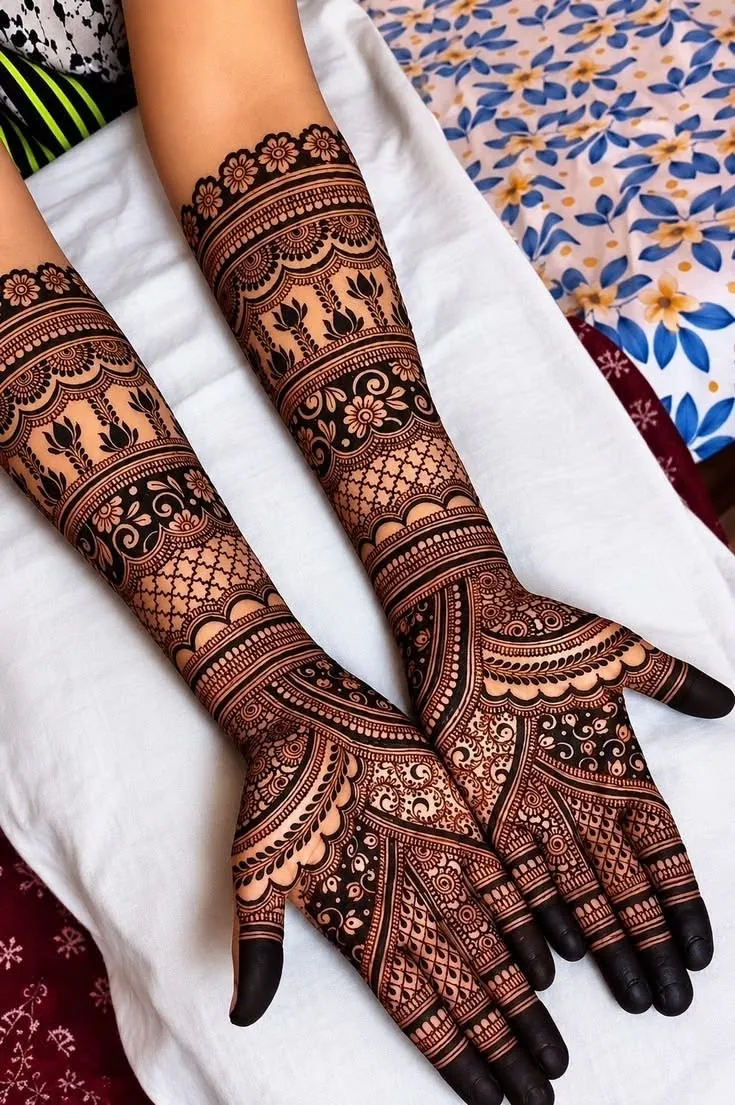 Aesthetic Bridal Arm Mehndi Design with Figures