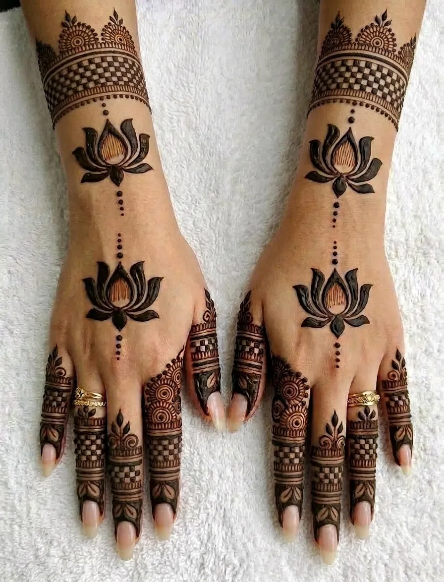 Aesthetic Royal Back Hand Mehndi Design with Gol Tikki, Flowers and Jaal (2)