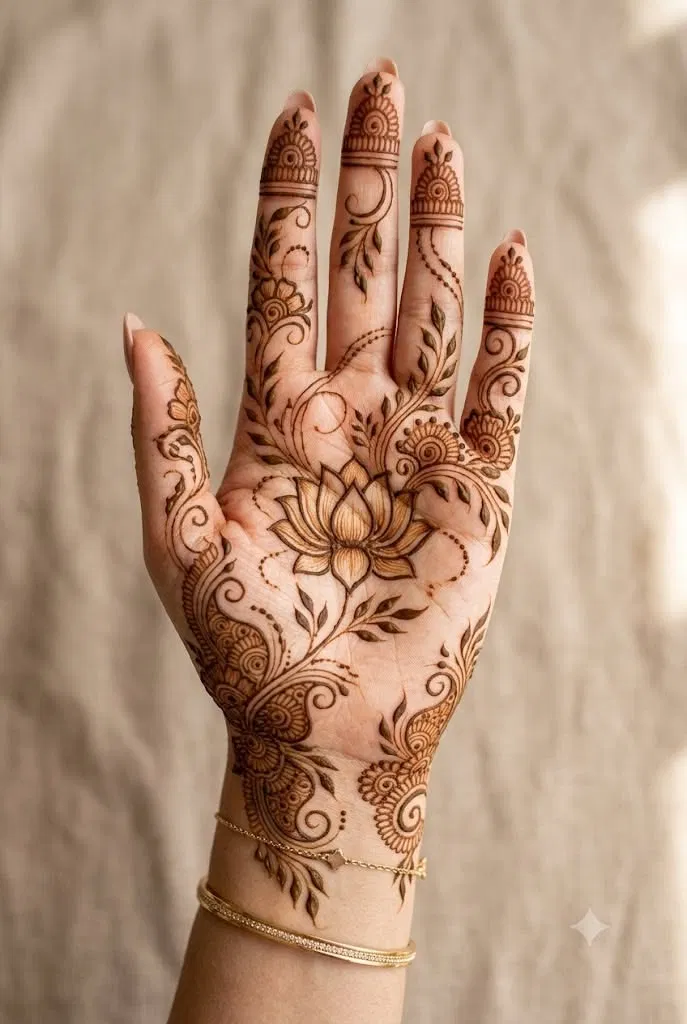 Aesthetic Indian Front Hand Mehndi Design with Flowers and Lotus