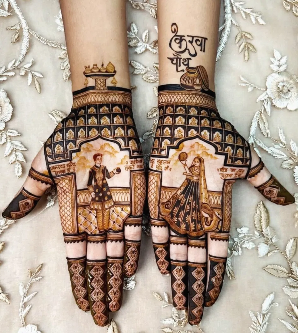 Bridal Full Hand Mehndi Design with Figures for Karwa Chauth (2)