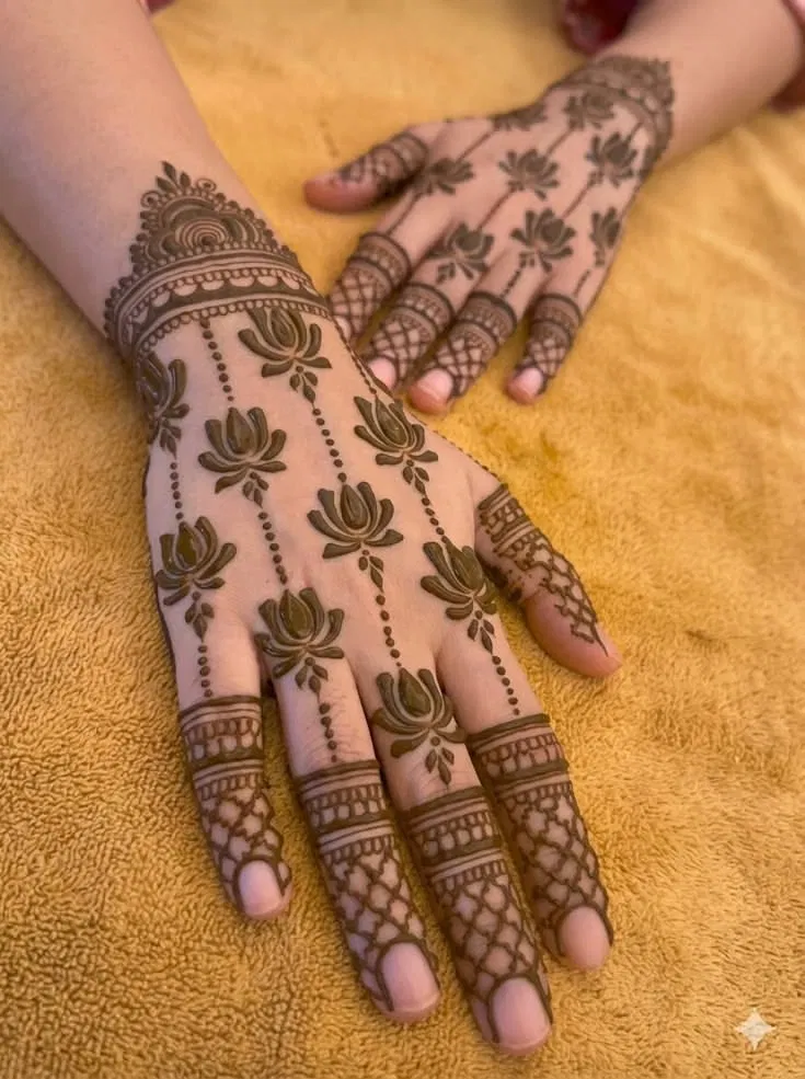 Aesthetic Bridal Back Hand Mehndi Design with Jaal and Lotus for Diwali
