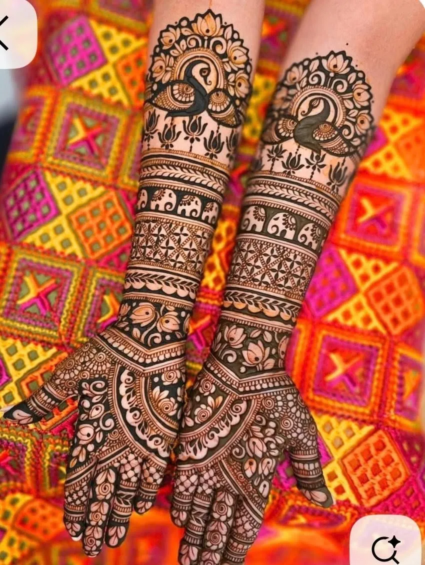 Aesthetic Bridal Back Hand Mehndi Design with Figures and Flowers