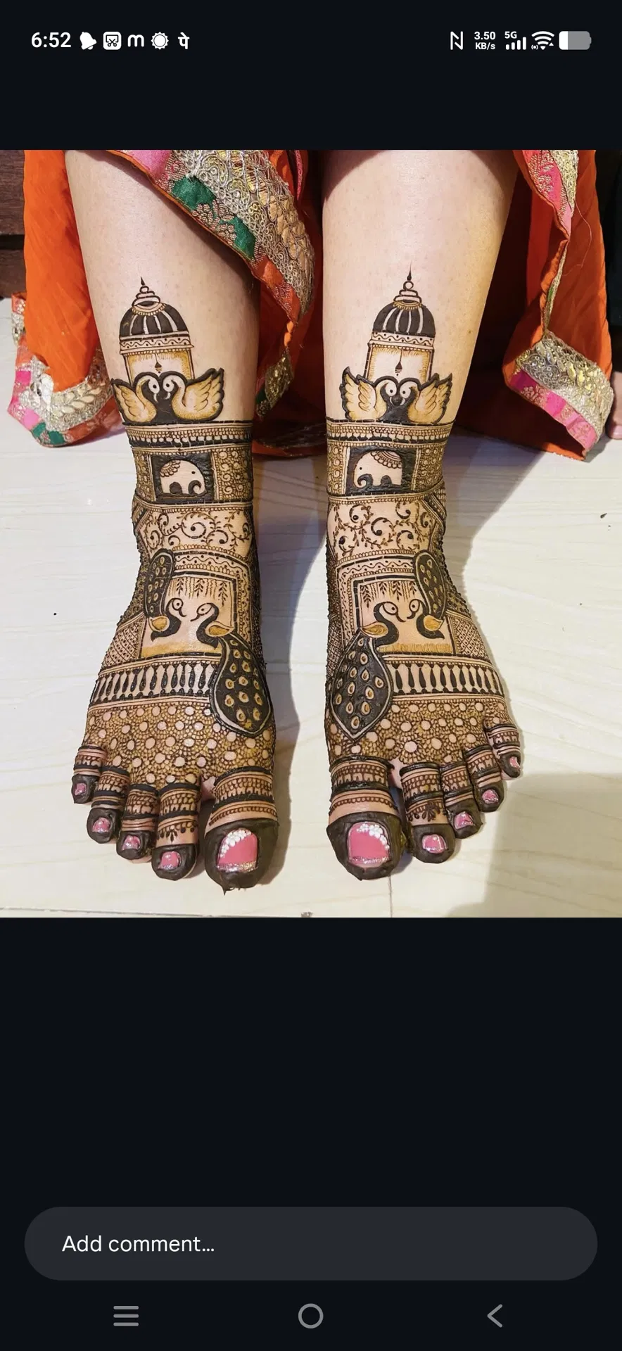 Bridal Foot Mehndi Design with Figures, Jaal and Peacock