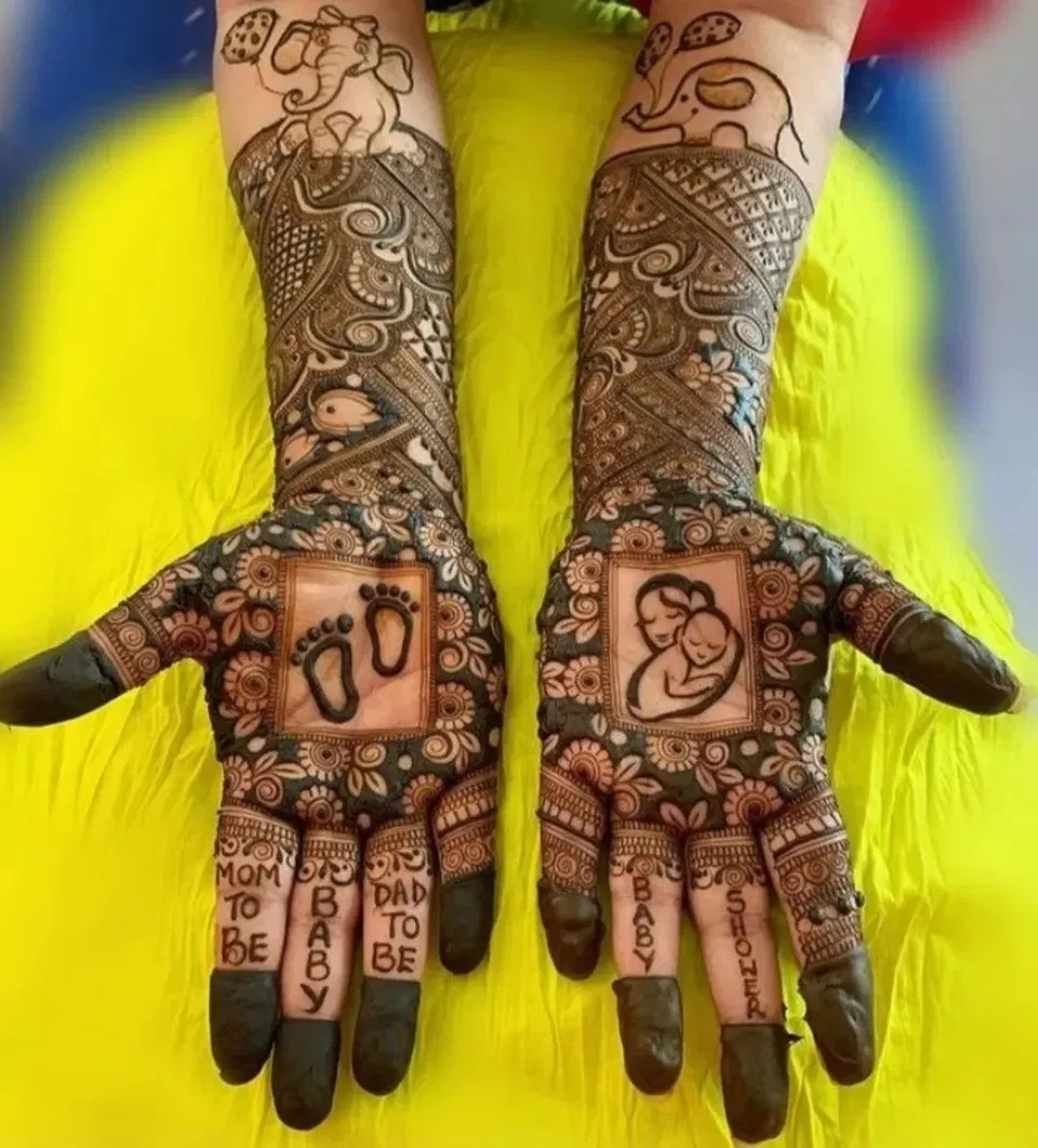 Bridal Full Hand Mehndi Design with Figures for Baby Shower