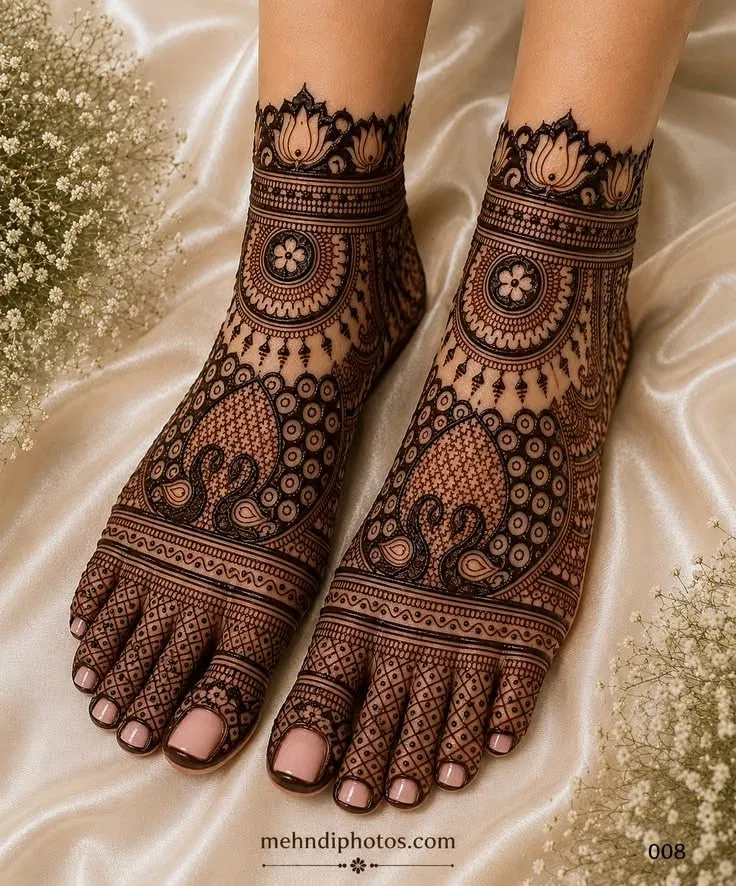 Bridal Royal Foot Mehndi Design with Figures and Lotus