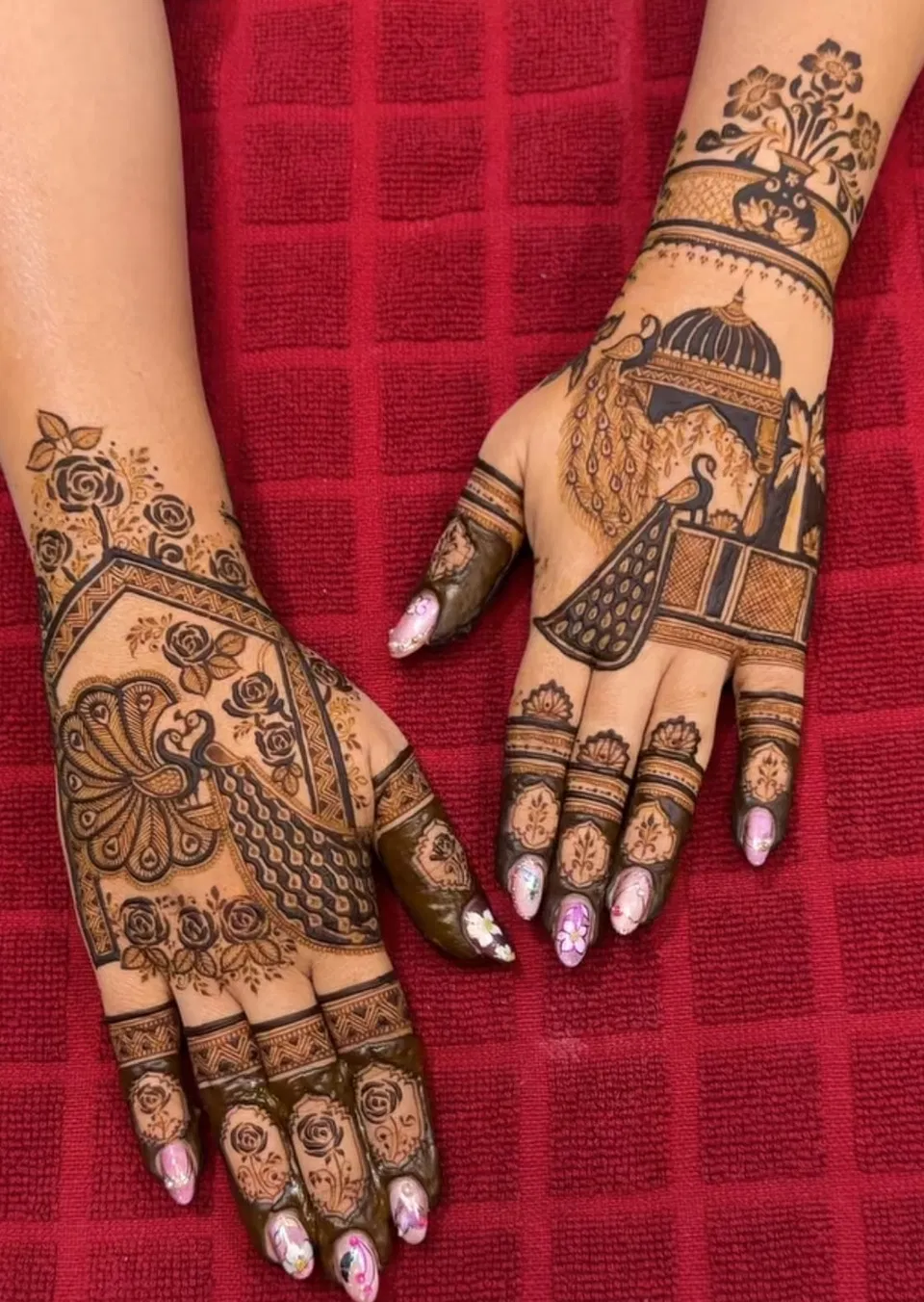Bridal Indian Back Hand Mehndi Design with Figures and Peacock (2)