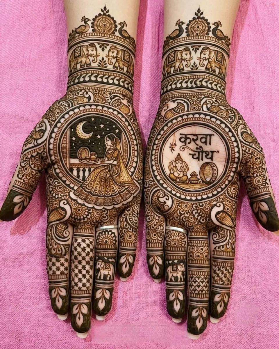 Bridal Front Hand Mehndi Design with Gol Tikki, Figures and Moon for Karwa Chauth