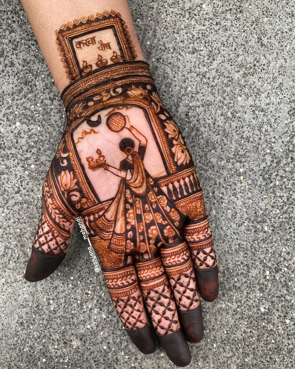 Bridal Stylish Back Hand Mehndi Design with Figures and Moon for Diwali