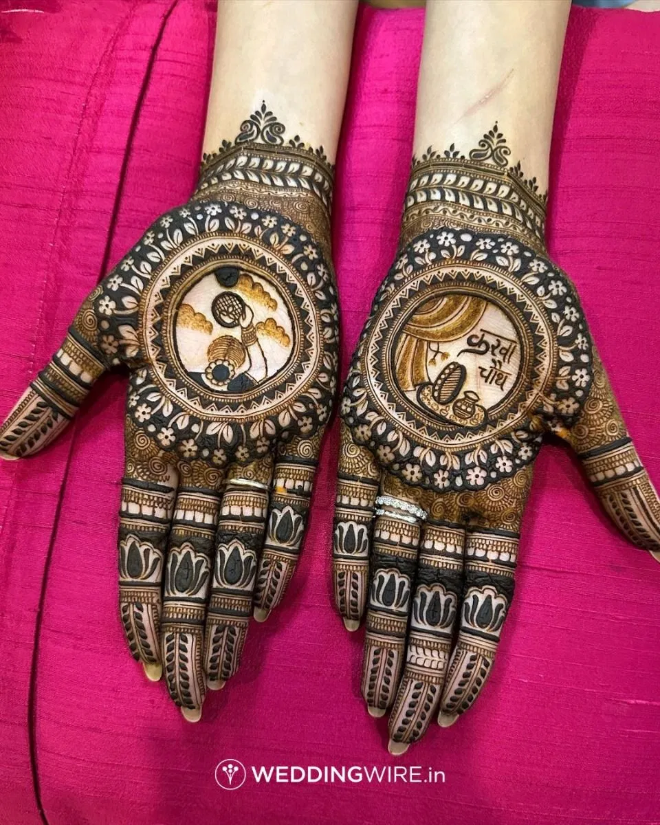 Bridal Stylish Back Hand Mehndi Design with Gol Tikki and Figures for Karwa Chauth