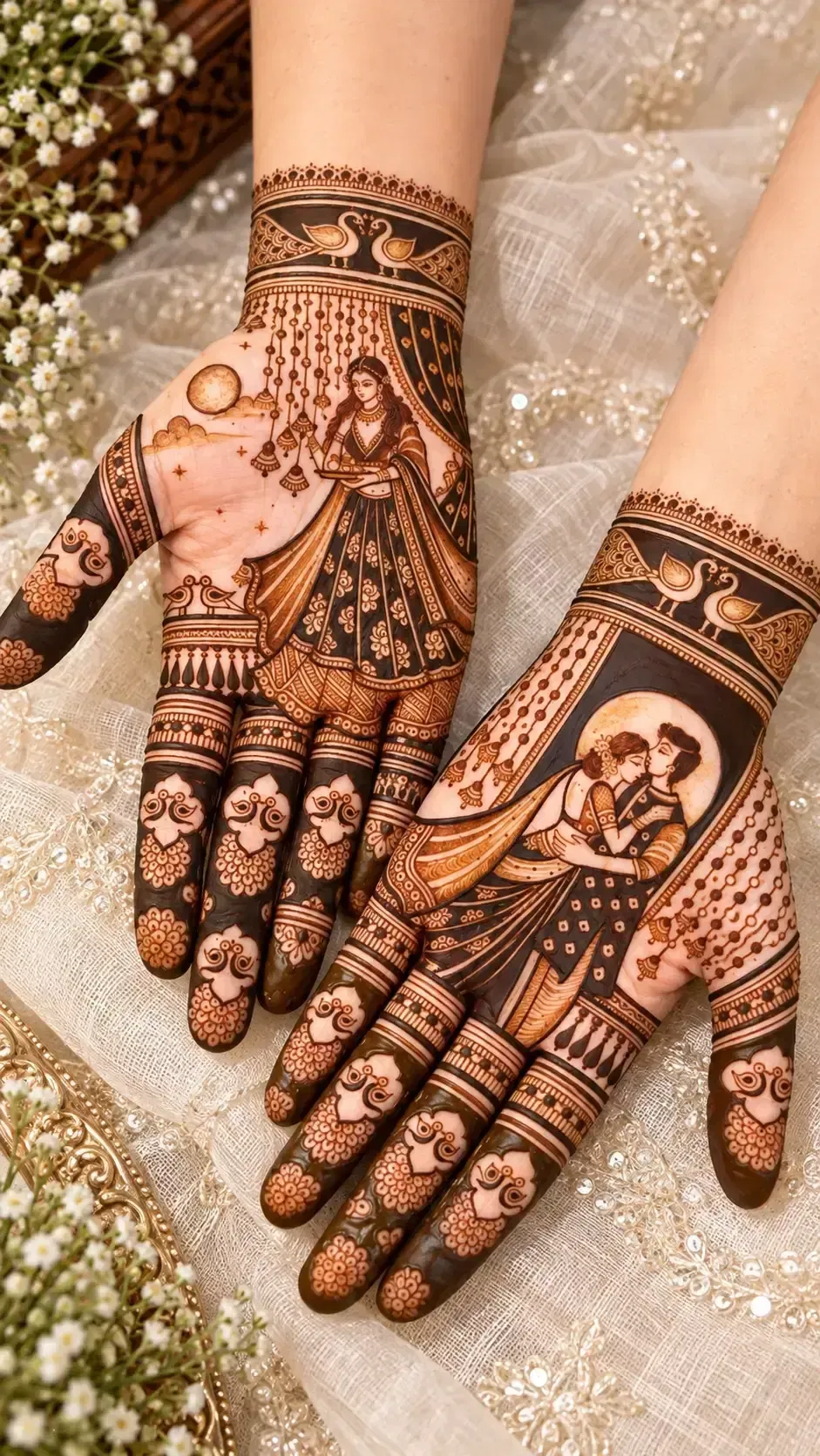 Stylish Mehndi Design with Figures for Karwa Chauth