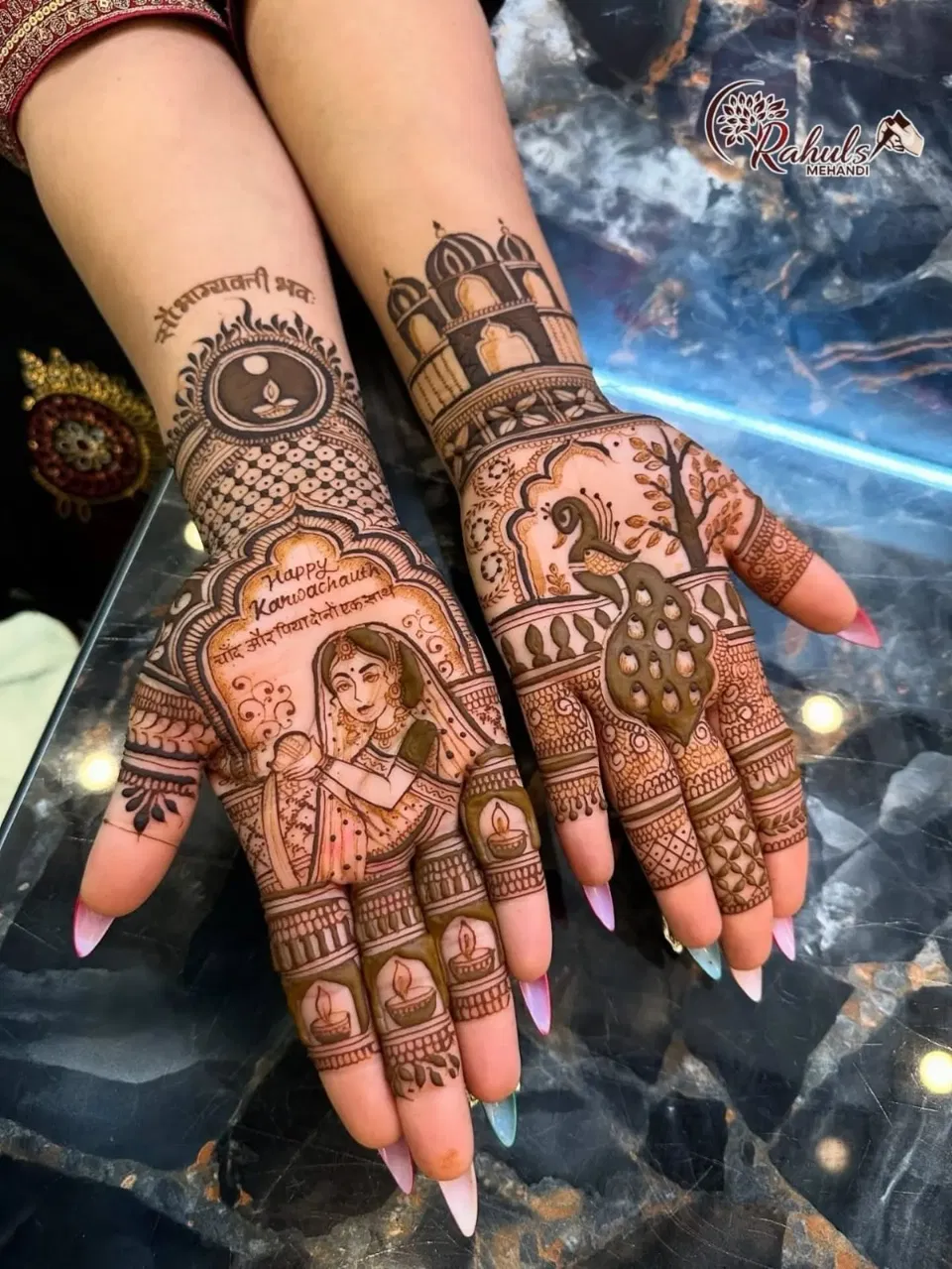 Bridal Simple Back Hand Mehndi Design with Gol Tikki, Figures and Flowers for Karwa Chauth