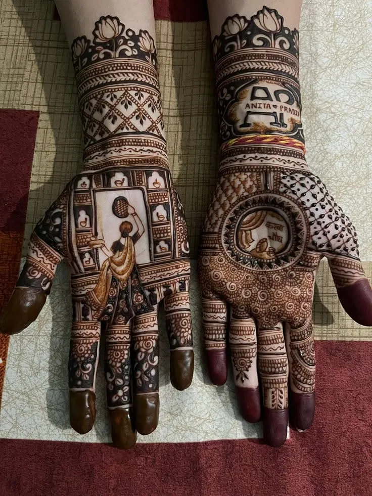 Aesthetic Bridal Full Hand Mehndi Design with Figures and Moon