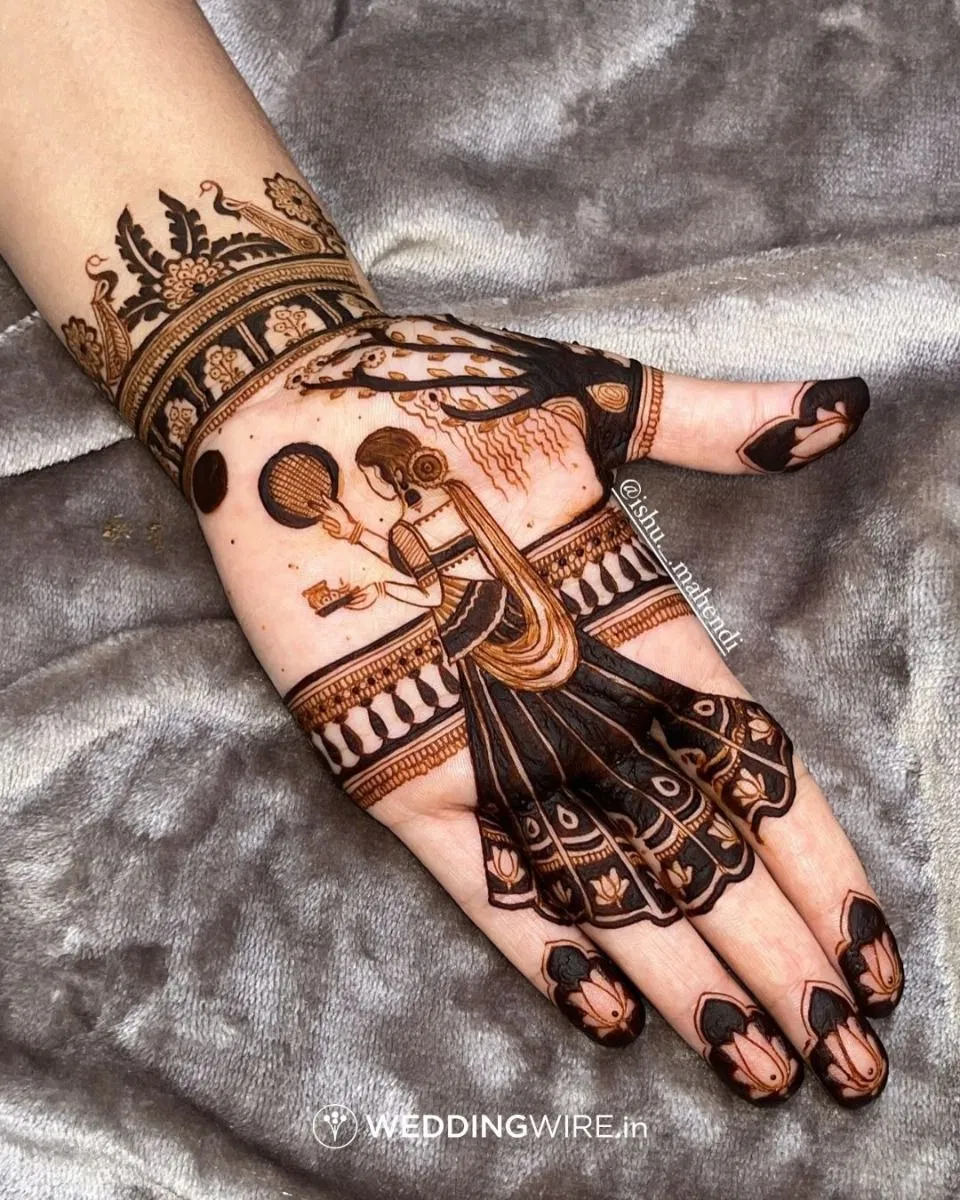Bridal Indian Back Hand Mehndi Design with Deity for Karwa Chauth