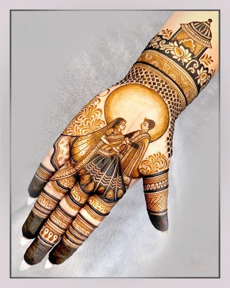 Bridal Back Hand Mehndi Design with Deity and Figures for Engagement (3)