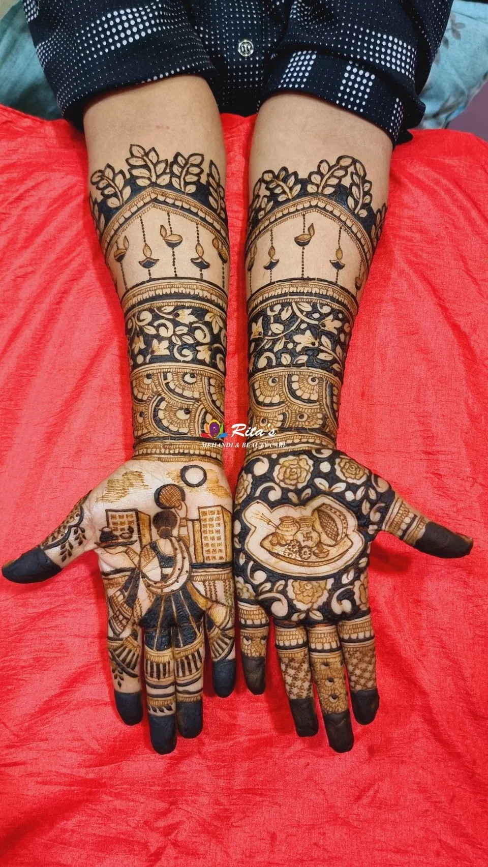 Bridal Back Hand Mehndi Design with Figures for Karwa Chauth