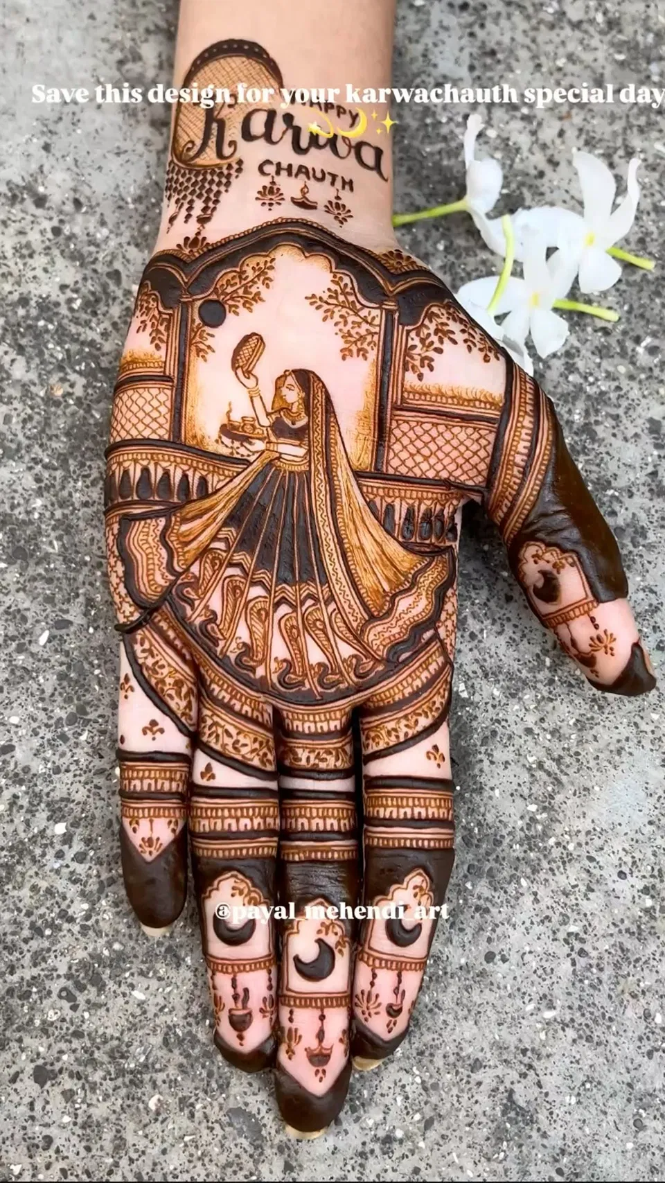 Bridal Back Hand Mehndi Design with Flowers for Karwa Chauth
